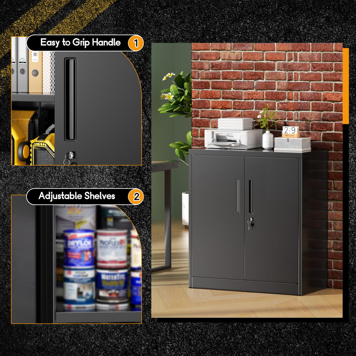 Greenvelly Metal Garage Storage Cabinet,36" Black Lockable Metal Cabinets with 2 Doors and Shelves,Storage Locking Counter Cabinet for Home Office,Garage,Kitchen,School Greenvelly