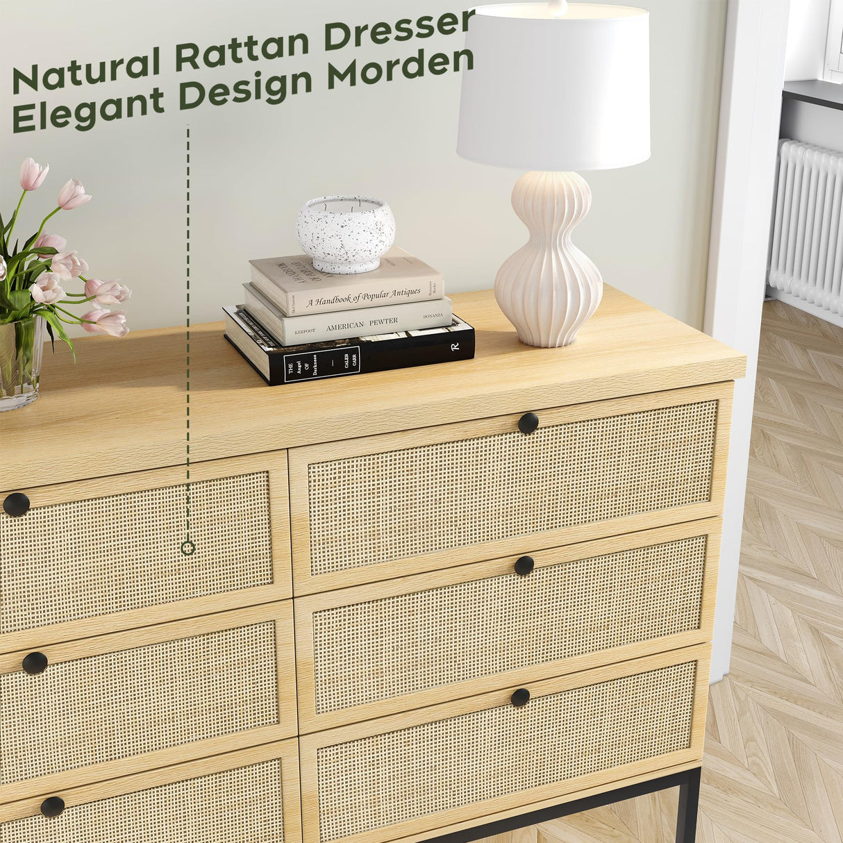 Modern 6 Drawer Dresser with Natural Rattan Drawers, Industrial Wood Double Dresser for Bedroom with Sturdy Steel Legs, Closet Storage Dressers Organizer TV Stand Dresser for Living Room Hallway Yechen