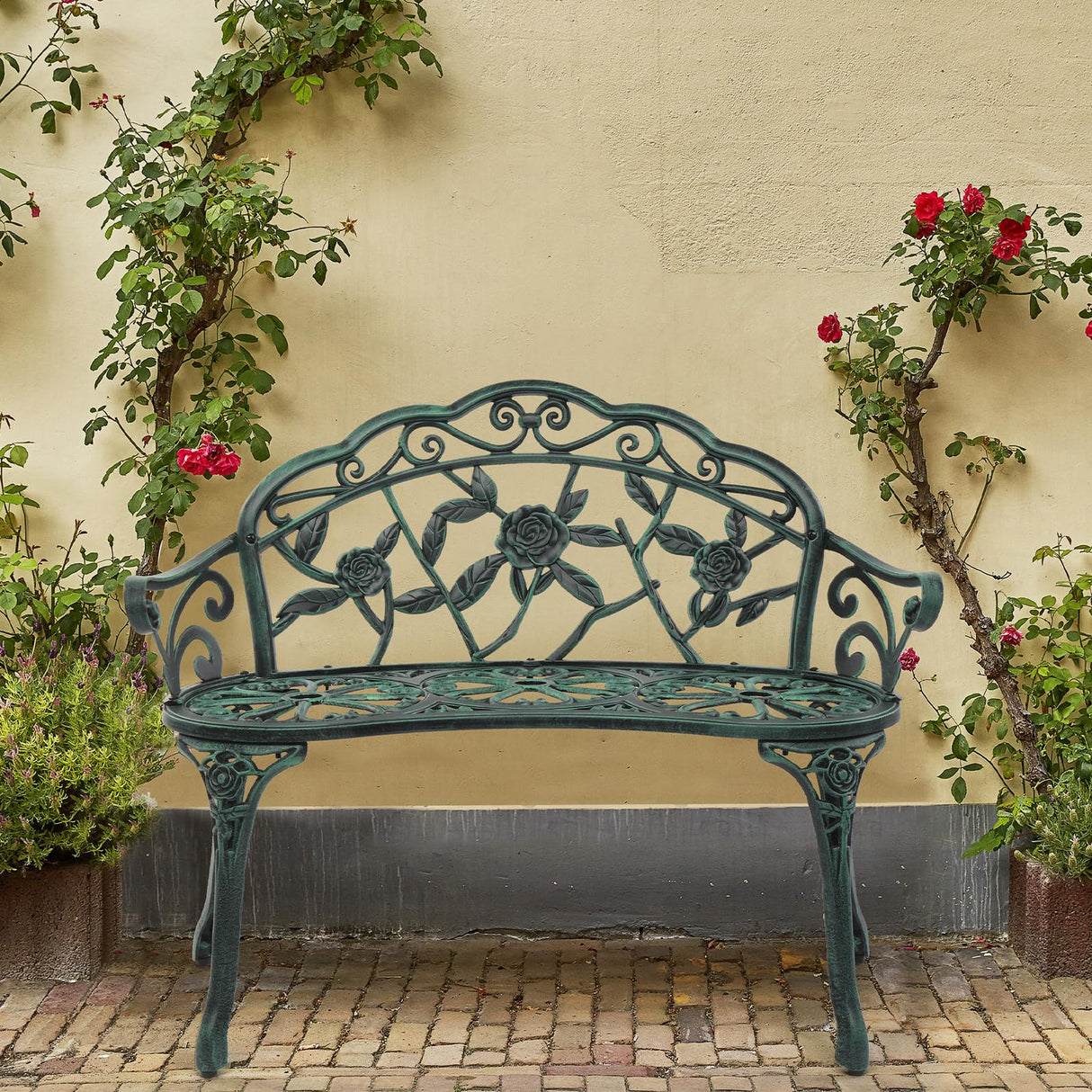 Outvita Outdoor Bench, 38" Cast Aluminum Garden Bench Anti-Rust Weather Resistant Patio Bench Rose Pattern Bench for Front Porch, Backyard, Lawn Outvita