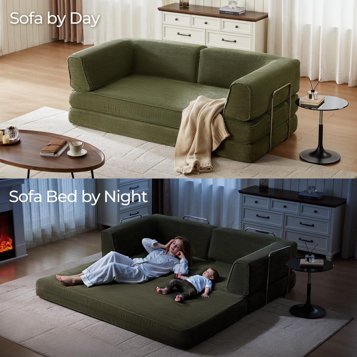 LINSY HOME 79'' Convertible Sofa Bed - Boneless Compression Sofa Folding Loveseat Sleeper - Foldable Corduroy Couch Bed for Living Room Bedroom - Modular Sectional Compressed Sofa in Box, Green LINSY HOME