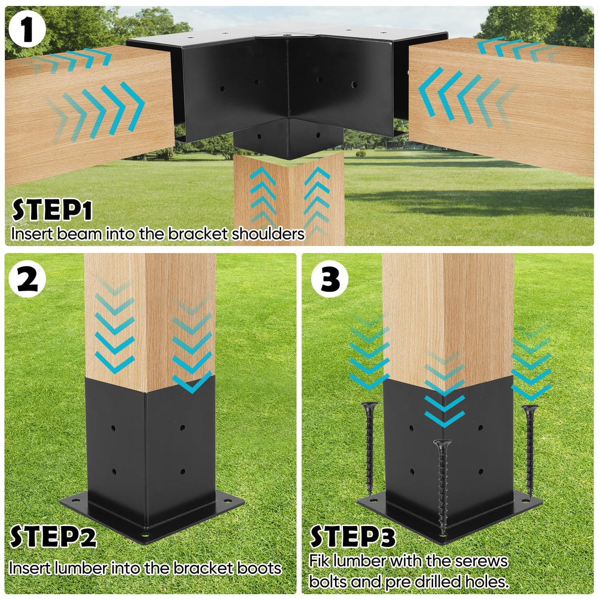 8PCS Pergola Kit Corner Brackets, BRRIY Pergola Brackets Kit 4x4 with 4 3-Way Angle Corner Brackets and 4 Post Bases(3.5inchx3.5inch), Gazebo Kits for Extension Gazebo BRRIY