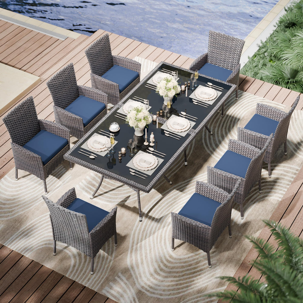 Kullavik 10-Piece Outdoor Dining Set Patio Rattan Furniture Set,Patio Dining Table and Chairs Set with 8 Chairs and Cushions,Square Glass Tabletop with Umbrella Hole for Patio,Backyard,Garden,NavyBlue Kullavik