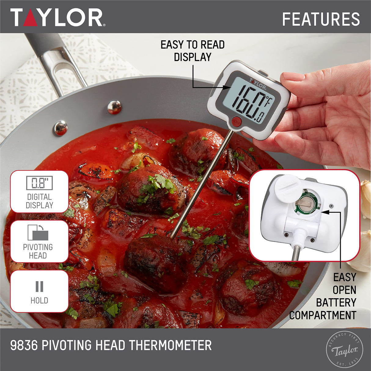 Taylor Pivoting Head Instant Read Digital Meat Food Grill BBQ Cooking Kitchen Thermometer with Protective Sleeve, Gray Taylor