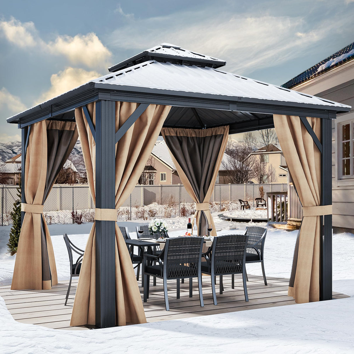 YITAHOME 10x10ft Gazebo Double Roof Canopy with Netting and Curtains, Outdoor Gazebo 2-Tier Hardtop Galvanized Iron Aluminum Frame Garden Tent for Patio, Backyard, Deck and Lawns YITAHOME