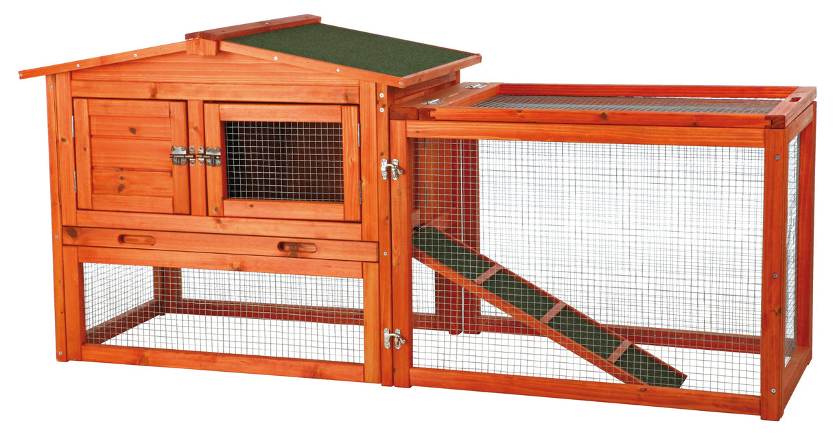 TRIXIE natura Outdoor Rabbit Hutch with Run - Small Elevated Rabbit Cage with Non-Slip Ramp - Small Animal House with Large Playpen, Hinged Roof & Pull-Out Tray - in Natural TRIXIE