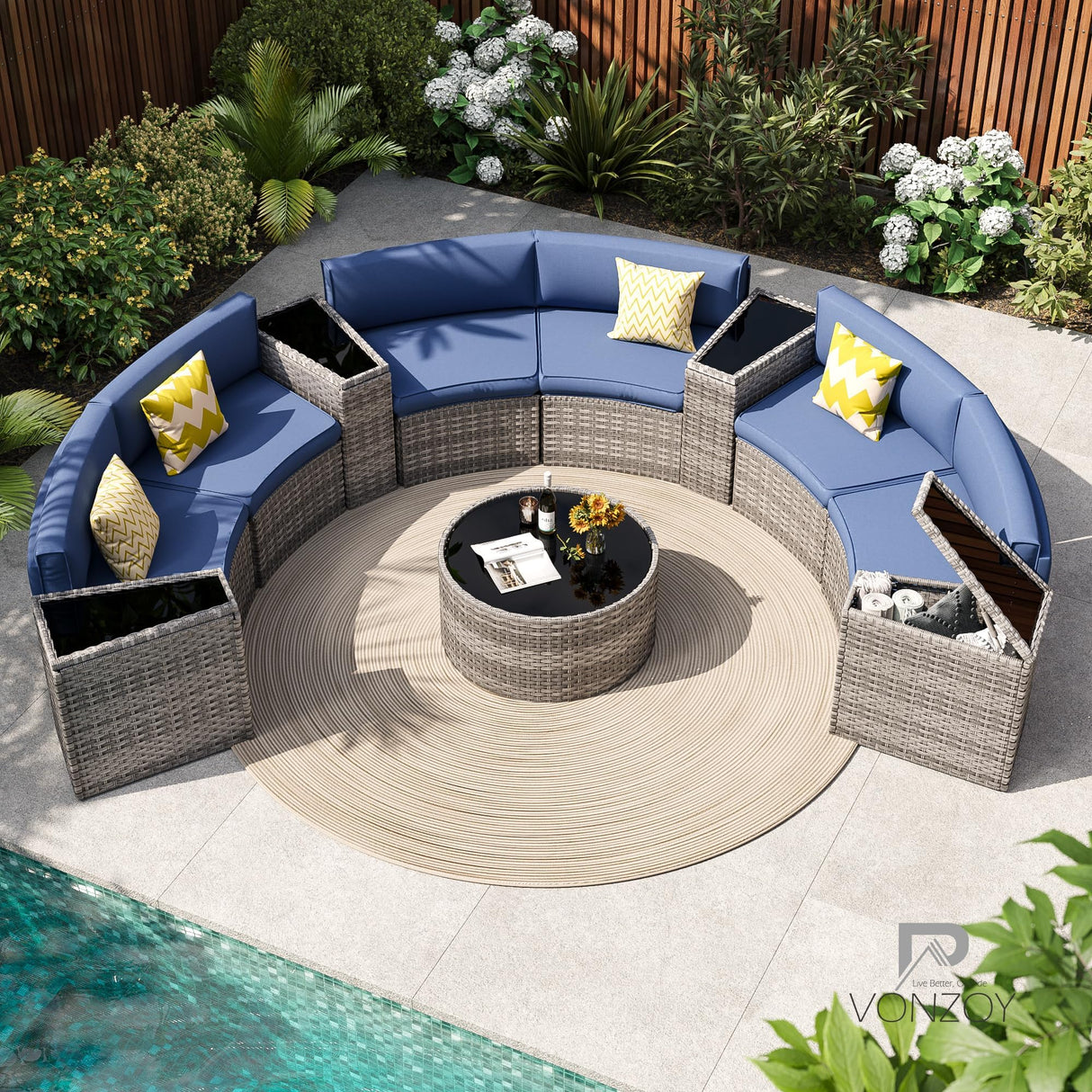 VONZOY Patio Sectional Furniture Outdoor 11-Piece Grey Rattan Curved Sofa Set with Storage Table, Pillows, Fit for Pool Backyard Balcony Porch Lawn (Navy) VONZOY