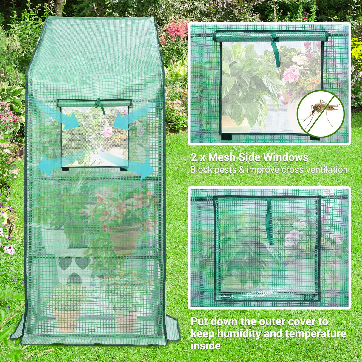 Ohuhu Greenhouse for Outdoors with Mesh Side Windows, 3 Tiers 4 Shelves Small Walk-In Green House Plant Stands Plastic PE Cover Outside Portable Warm House for Seedling Flowers Growing, 4.8x2.5x6.4 FT Ohuhu