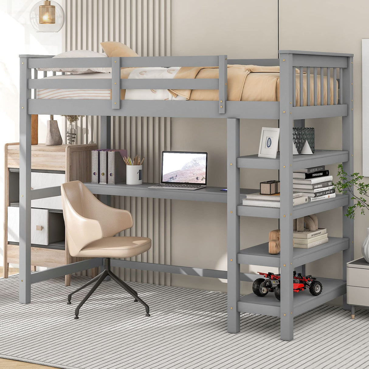 Merax Wood Loft Bed with Desk : Full Size Loft Bed with 4-Storage Shelves and Under Bed Desk Solid Wood Bed, Grey Merax