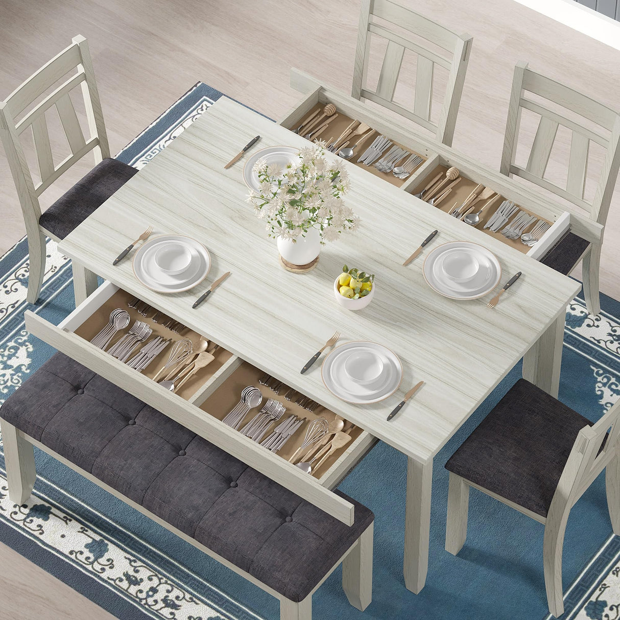 Peatuk 6-Piece Solid Wood Dining Table Set for 6, Modern Breakfast Dinette Kitchen Table with Bench & Chairs for Dining Room, Kitchen, Grey Peatuk