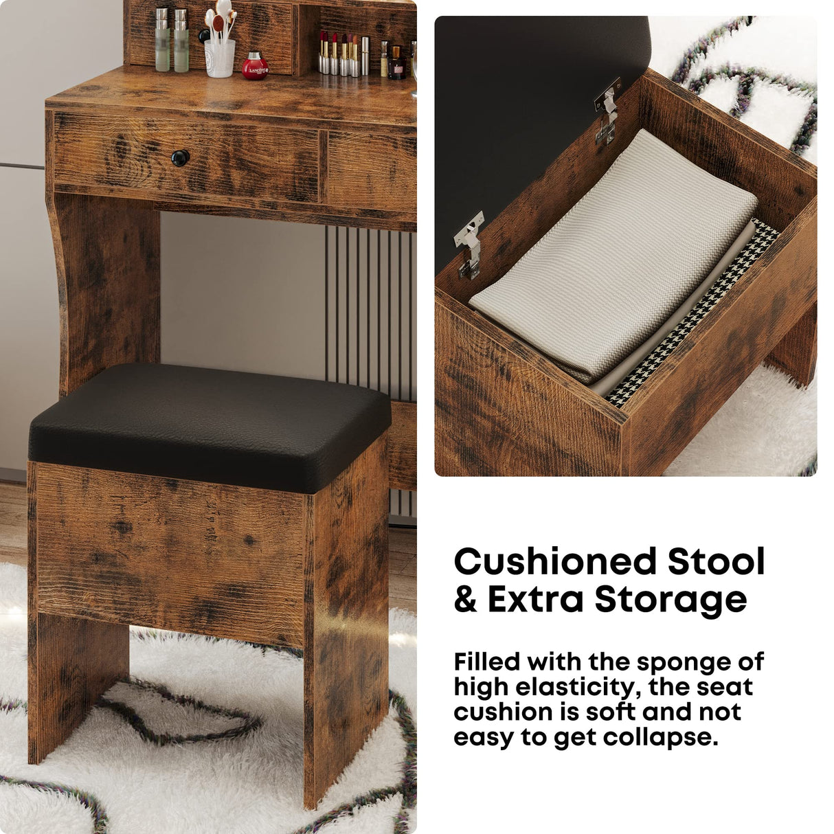 LIKIMIO Vanity Desk with LED Lighted Mirror & Power Outlet & 4 Drawers, Dressing Makeup Table Set with Storage Stool and Hair Dryer Stand, Vintage LIKIMIO