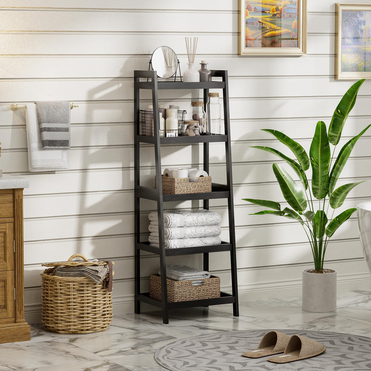 vovala Bookshelf, 5 Tier Ladder Bookcase with Bamboo Frame, Freestanding Tall Narrow Display Plant Shelf for Living Room, Kitchen, Bedroom, Balcony, Black vovala