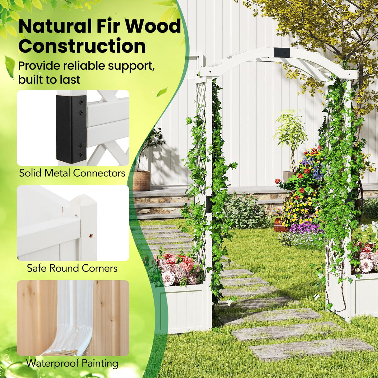 Happygrill Garden Arbor with Planter Boxes, Outdoor Wedding Arch with Trellis for Climbing Plants Vine Vegetables Herbs, Wooden Arbor Archway for Ceremony, Party (White) HAPPYGRILL