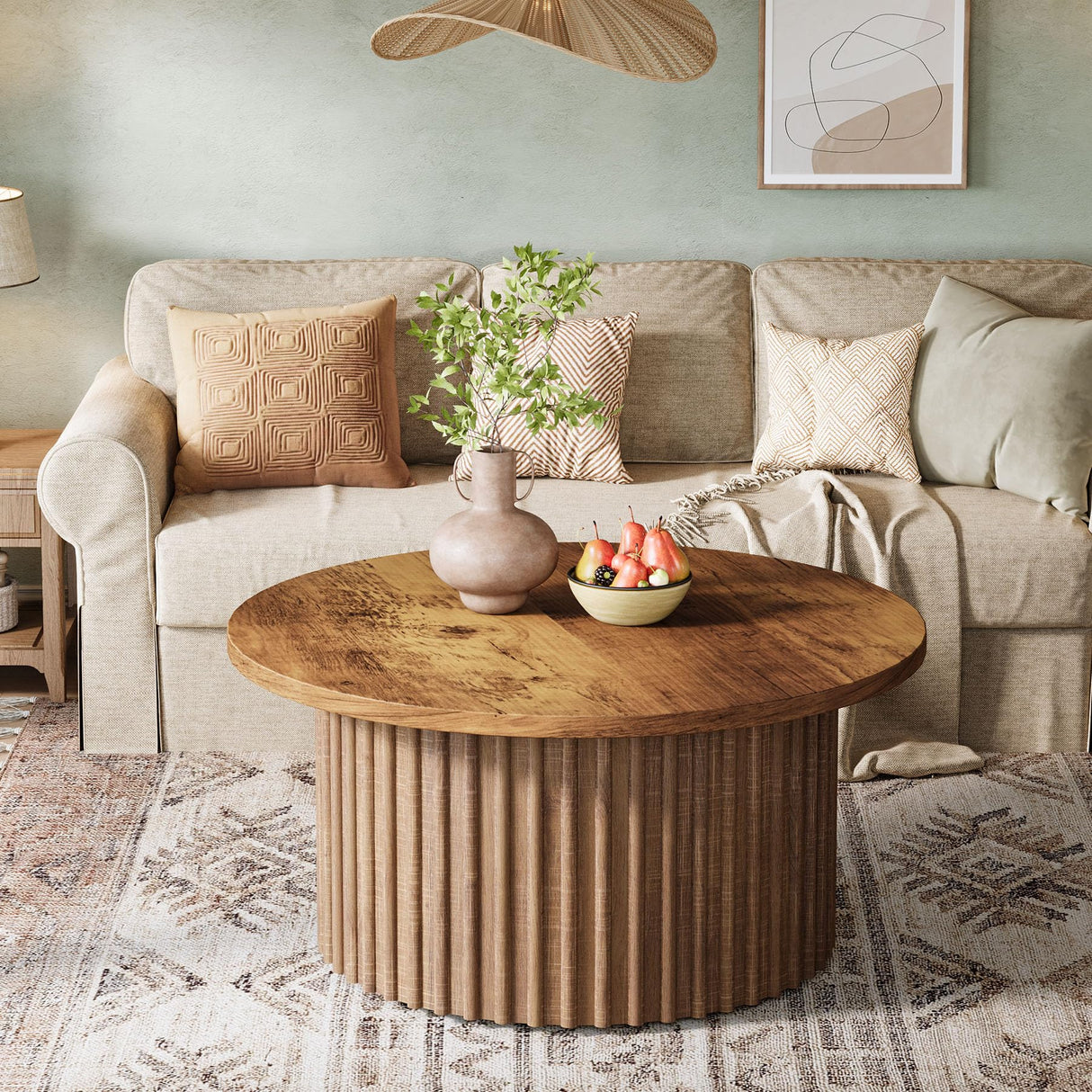 Tribesigns 31.5" Round Coffee Table, Farmhouse Circle Coffee Table with Metal Base, Modern Wood Accent Center Table Sofa Side Table for Living Room, Home Office, Wood Grain Veneer Top Tribesigns