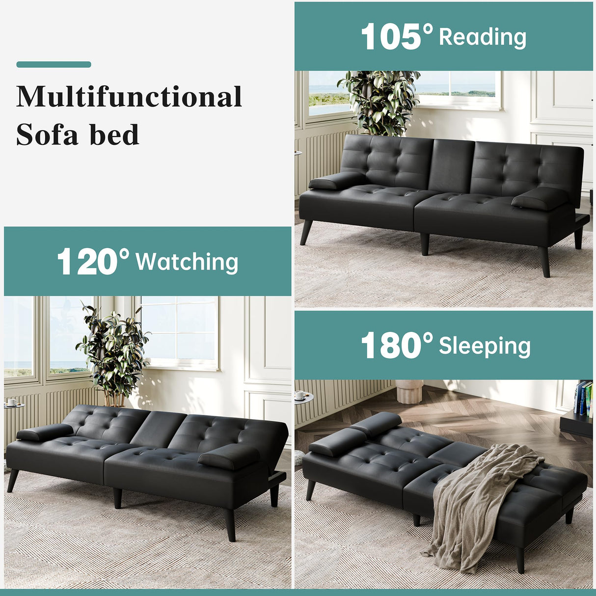 Meilocar Convertible Futon Sofa Bed Couch, Modern Folding Futon Set, Adjustable Recliner Sofa Bed for Living Room, 2 Cup Holders, Removable Armrest, 3 Angles (PU Leather, Black) Meilocar