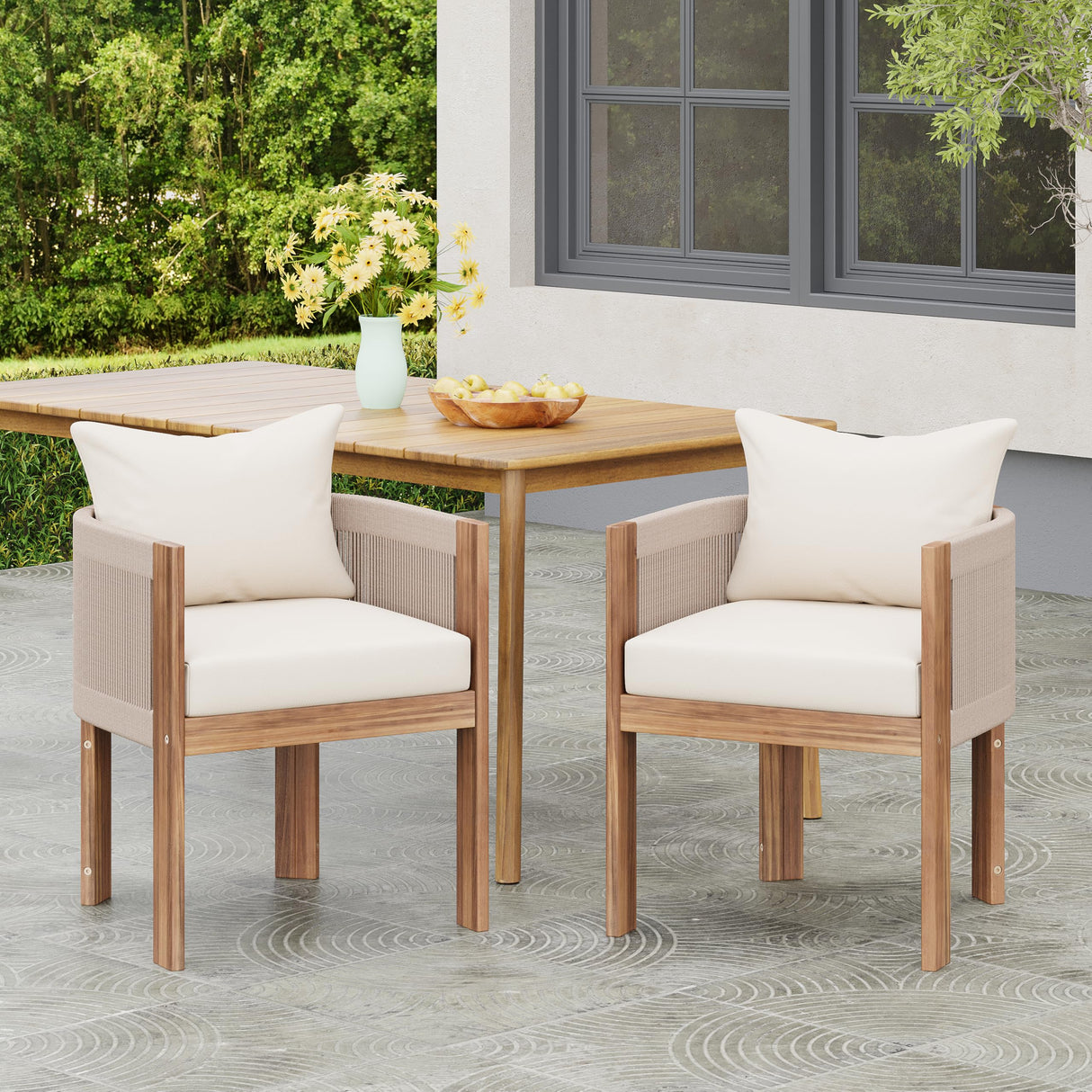 Christopher Knight Home Matera Dining Chair Set of 2, Acacia Wood Outdoor Accent Chair, Farmhouse Patio Kitchen Side Chair, Comfy Reading Chair, Round Backrest and Water Resistant Cushion,Teak+ Beige Christopher Knight Home