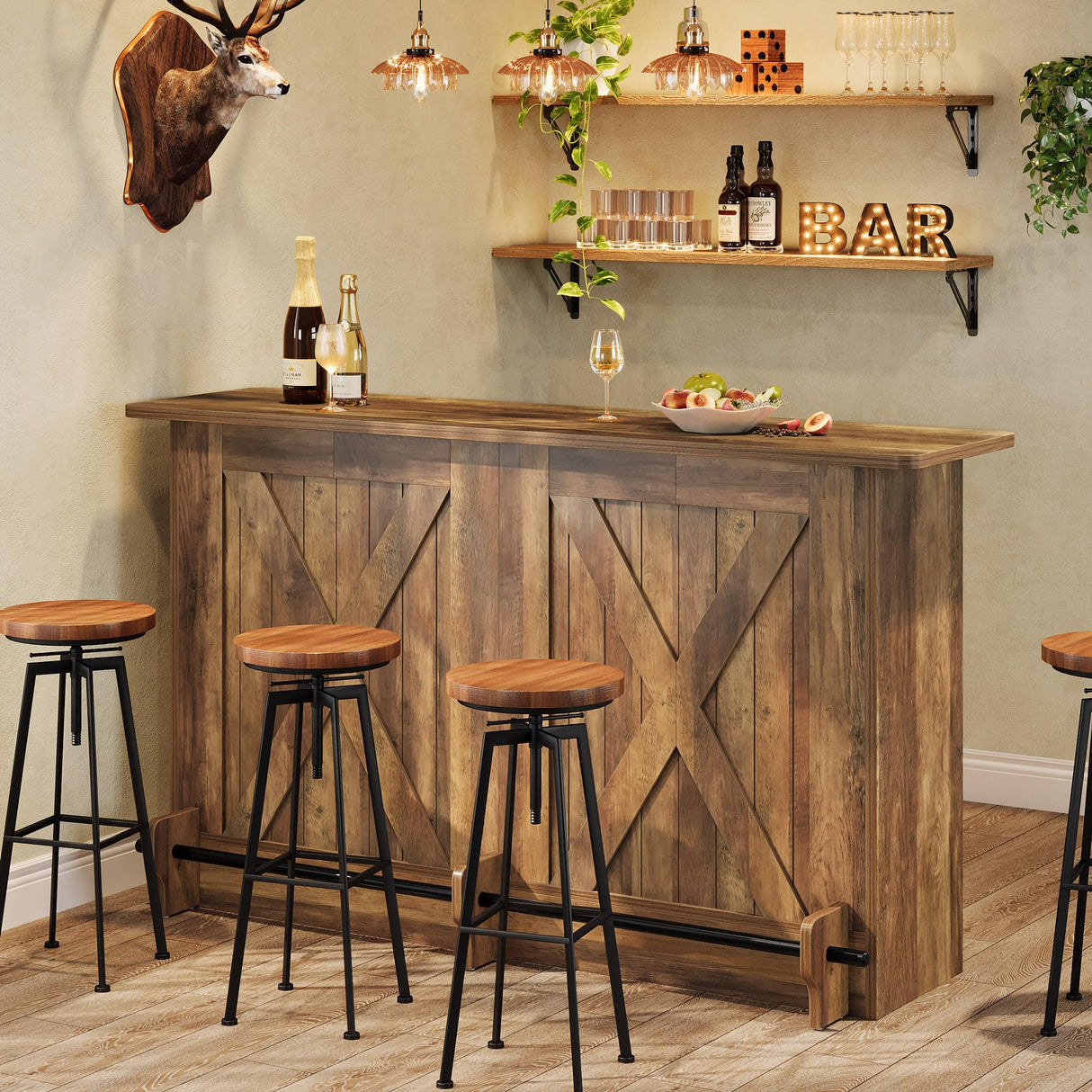 Tribesigns 63-Inch Bar Table, 2-Tier Bar Cabinet Height Pub Table with Footrest, Modern Coffee Cabinet for Home Kitchen, Large Home Unit Liquor Furniture, Bistro, Dining Room, Living Room, Brown Tribesigns