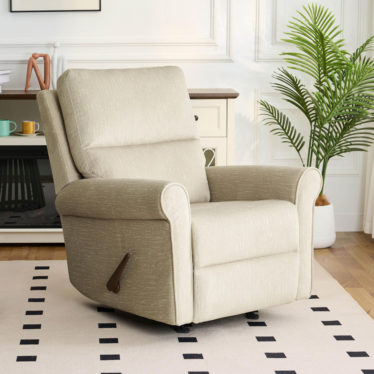 zzlay Rocker Recliner Chair, Nursery Glider Recliner with High Back&Deep Seat, Manual Push Back Rocking Fabric Armchair with Overstuffed Backrest and Armrests for Living Room, Medium, Warm Oat zzlay