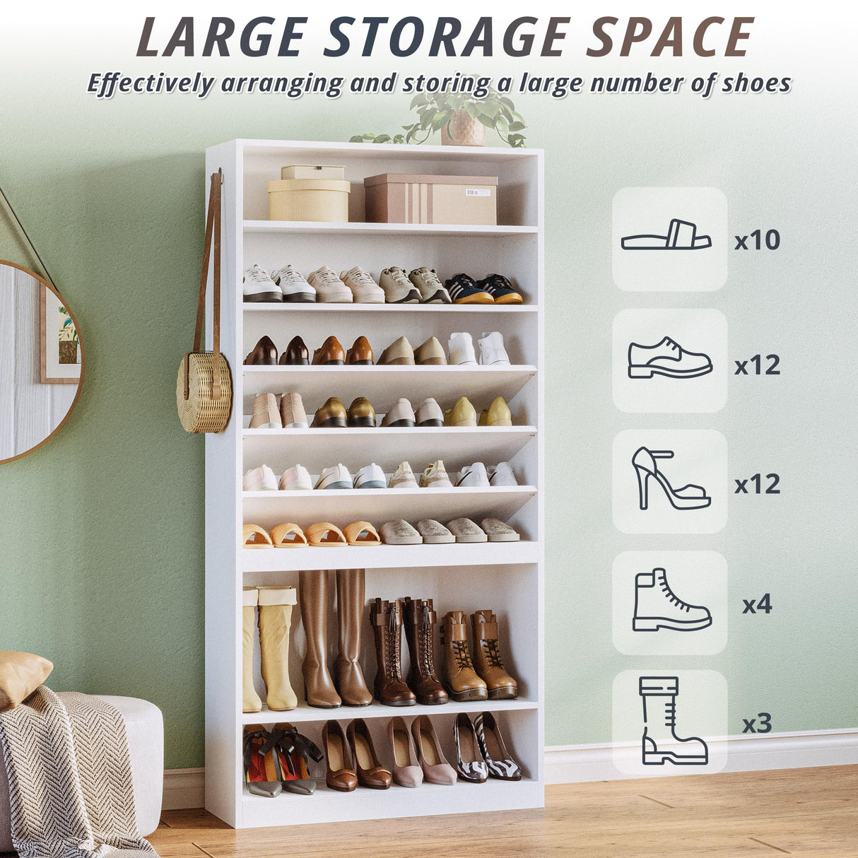 IRONCK Shoe Storage Cabinet, 10-Tier Shoe Organizer for Closet Entryway, Wooden Shoe Rack Holds 36 to 52 Pairs, Adjustable Shelves & Hook, Entryway Furniture Shoe Cabinet IRONCK