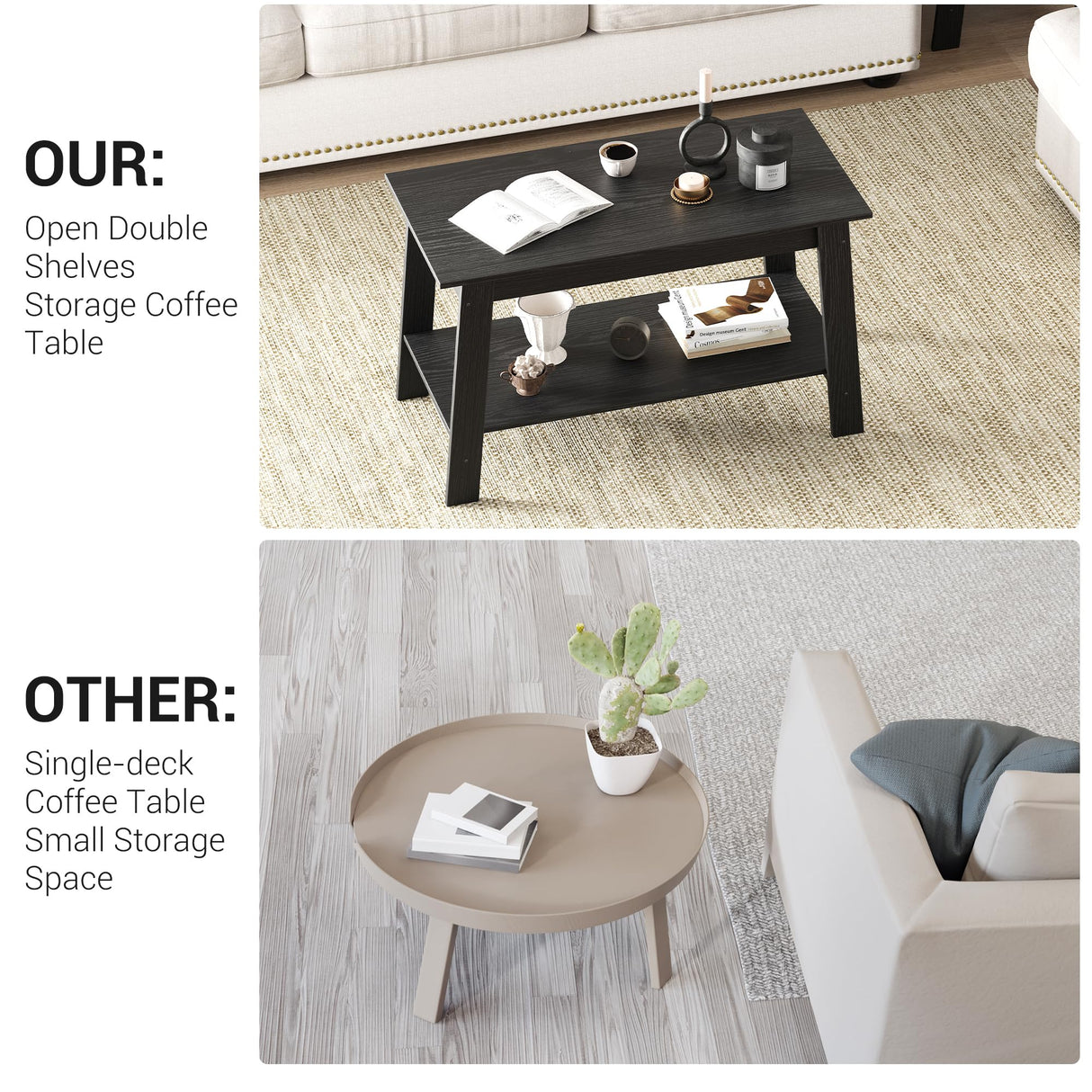 Coffee Table, Coffee Table for Living Room, Modern Farmhouse Coffee Table with Storage Shelf, 2-Tier Living Room Table Rectangular Center Table, Home Office Industrial Cocktail Tables, Black Garvee