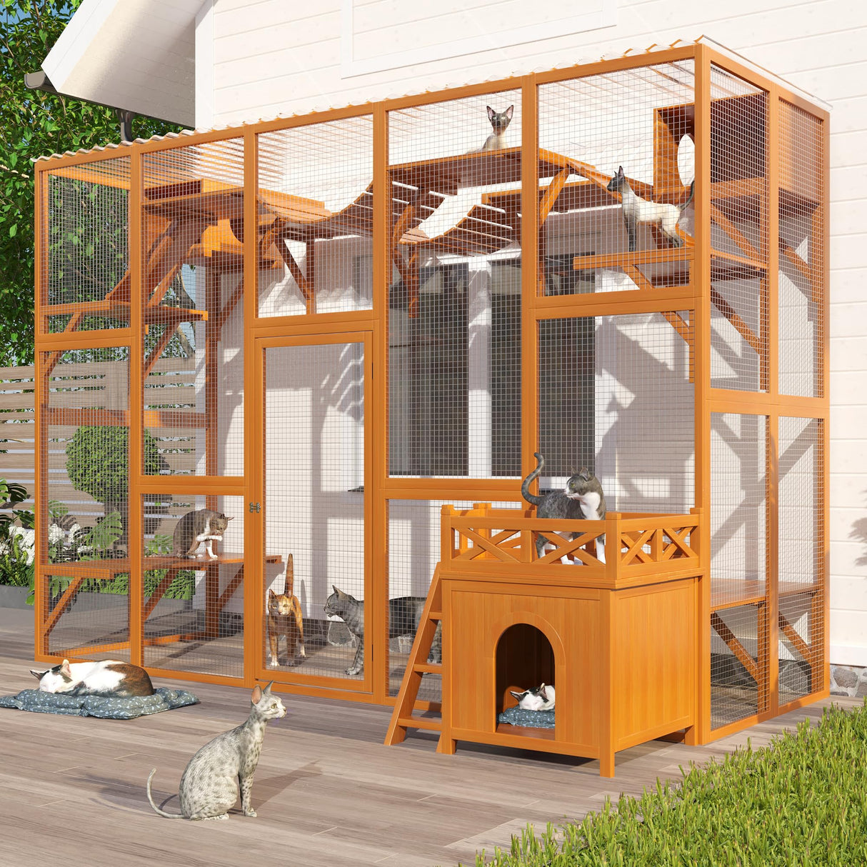 118" Large Wooden Window Catio Outdoor Cat Enclosure Walk in Cat Cage Kitten Playpen Patio with Weatherproof Roof, 6 Platforms, 2 Bouncy Bridges and 2 Resting Houses MegaChoice