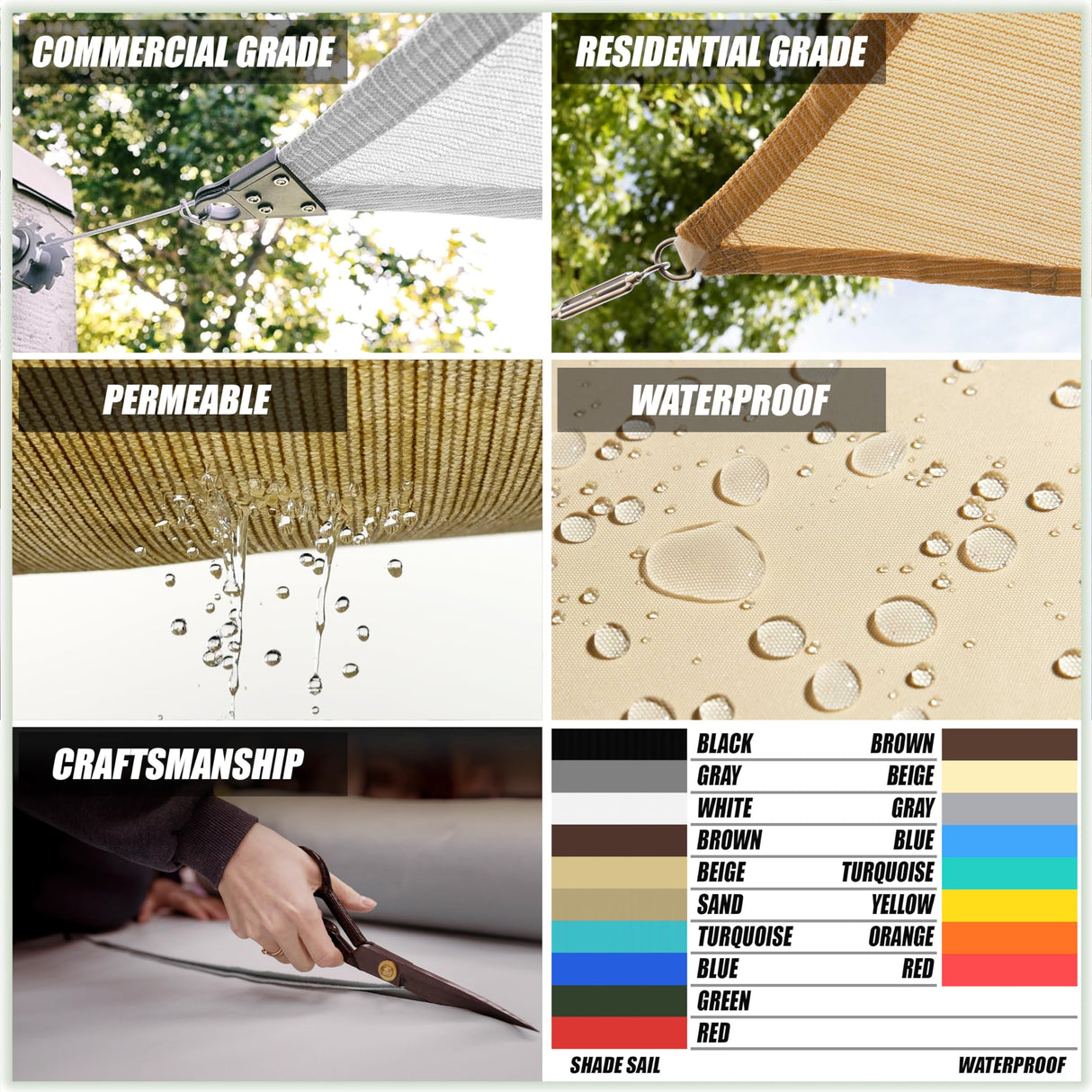 ColourTree 14' x 14' Grey Sun Shade Sail Rectangle CTSLR14 - Canopy Mesh Fabric UV Block UPF50 - Commercial Heavy Duty - 190 GSM - 3 Years Warranty (We Make Custom Size) ColourTree