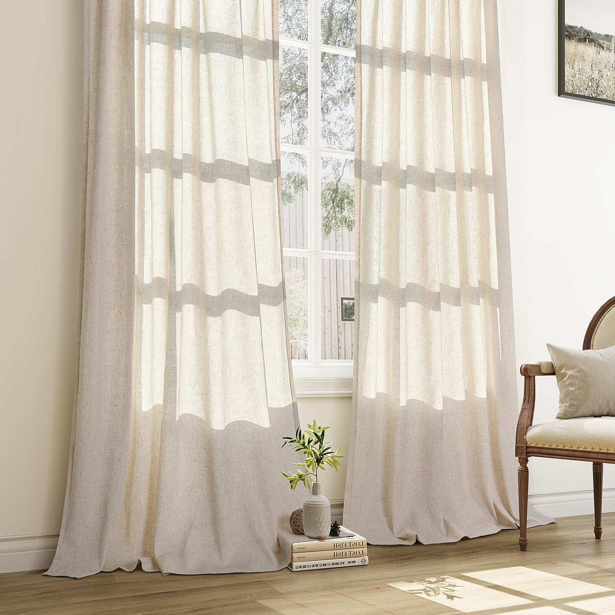 Pinch Pleated Linen Curtains 108 Inches long for Living Room 2 Panels Set Cream Beige Flax Pleat Drapes Back Tab Semi Sheer Neutral Boho Ceiling to Floor 108 Inch Curtains for Bedroom Window 9 FT Aersas