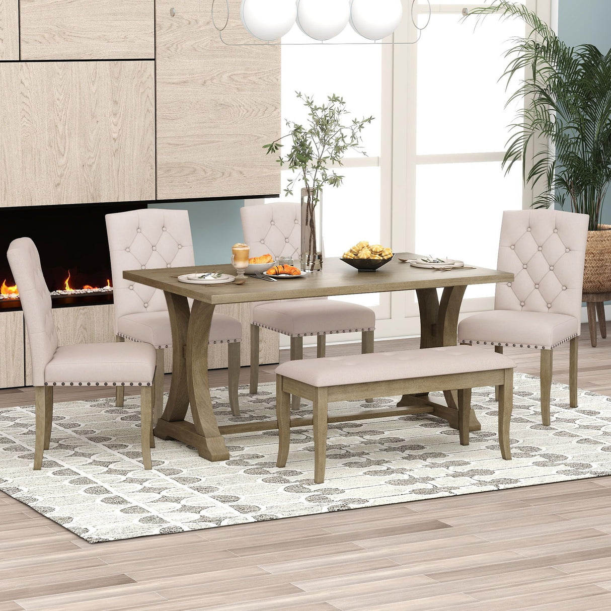 Harper & Bright Designs Classic and Traditional Style 6 - Piece Dining Set, Includes Dining Table, 4 Upholstered Chairs & Bench (White+Gray) (White+Gray) (Natural Wood Wash1) Harper & Bright Designs