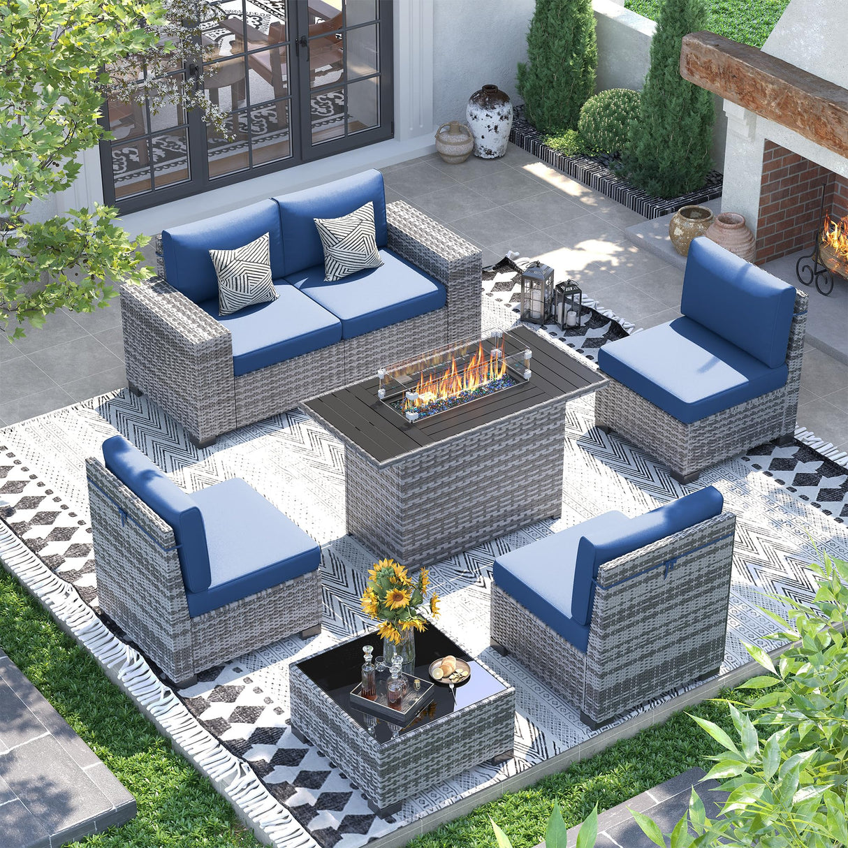 UDPATIO 7 Piece Patio Furniture Set with Fire Pit Table, 8''Wide Armrest Modular Rattan Outdoor Sectional Sofa Set,Wicker Patio Conversation Sets for Backyard,Deck w/ 4'' Cushions,Cover(Grey/Blue) UDPATIO