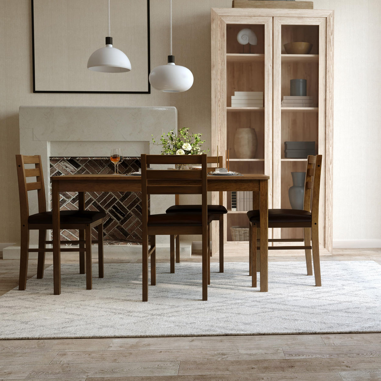 Orweiin 5-Piece Solid Wood Indoor Modern Rectangular Dining Table Set for 4,Table and 4 Chairs Set with PU Leather Cushion for Kitchen,Bar,Living Room,Breakfast Nook,Brown Orweiin