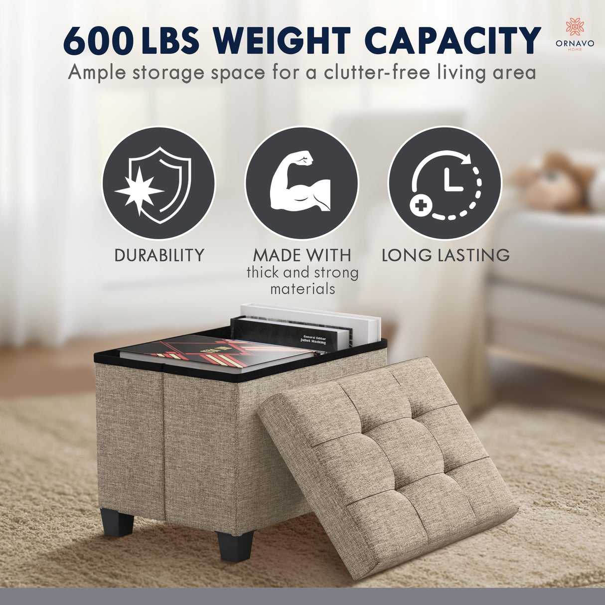 Ornavo Home Storage Ottoman Small Rectangle Ottoman with Legs, Foot Rest Stool Seat, Load up to 600 LB, for Living Room, Bedroom, Home Office, Dorm - 12 x 16 x 12, Tan Ornavo Home