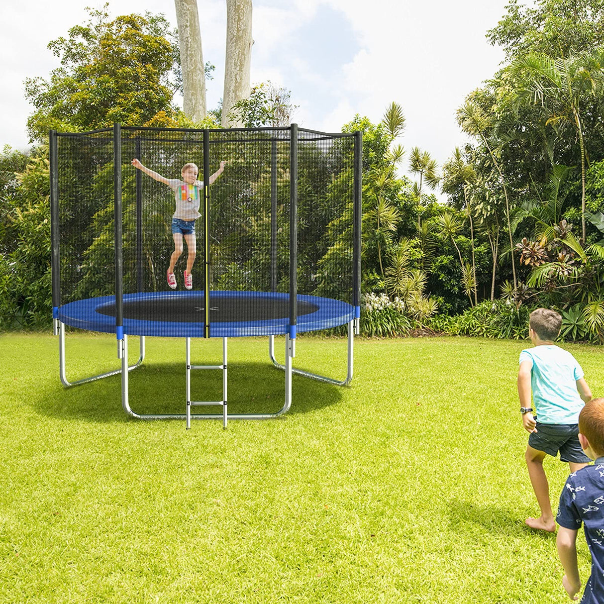AOTOB 8 FT Trampoline Safety Enclosure Net Combo Bounce Jump for Kids Outdoor with Spring Pad Jump Mat & Ladder AOTOB