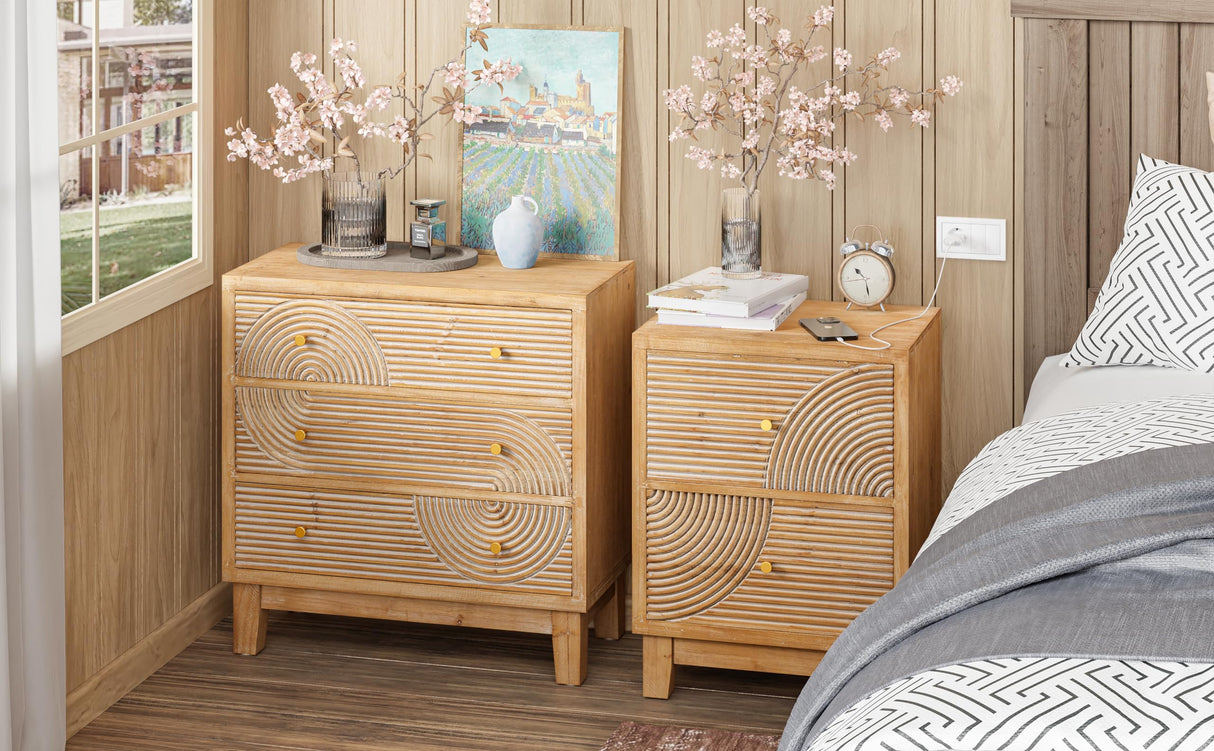 COZAYH 3-Drawer Farmhouse Dresser with Handicraft Wood Ring Motif, Fully Assembled Nightstand Wooden Finish for Boho, Mid-Century, Natural Wood, Rustic Style COZAYH