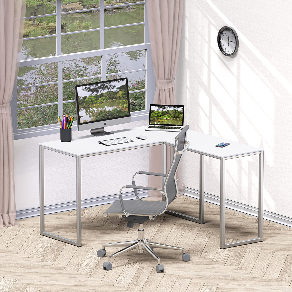 SHW 48-Inch Mission L-Shaped Home Computer Desk, White SHW