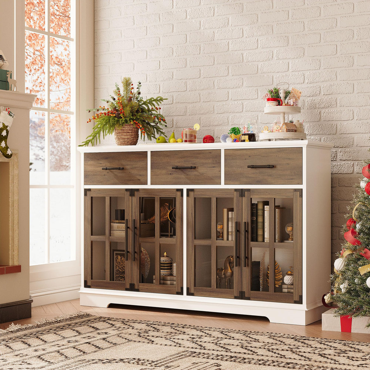 IRONCK Buffet Cabinet with Storage, 55" Large Sideboard Buffet Storage Cabinet with LED Lights, Farmhouse Coffee Bar Wood Liquor Cabinet for Kitchen, Dining Room, White and Oak IRONCK