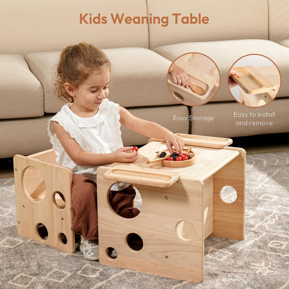 Woodtoe Kids Table and Chair Set, Montessori Weaning Table and Chair Set for Toddler, Natural Solid Wooden Activity Table Cube Chair for Drawing Reading, Montessori Playroom Gift for Children Woodtoe