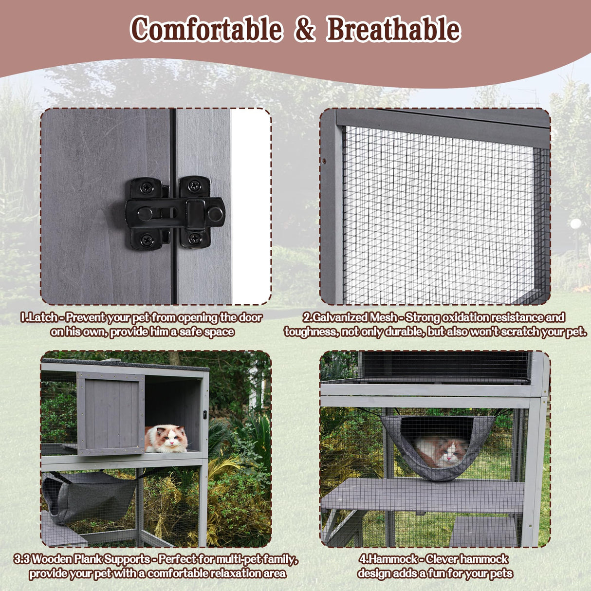 Wooden Cat House Outdoor Cat Enclosure with 3 Floors and Weatherproof Roof Indoor Large Cat Catio for Cats with Hammock & Resting Box Akinerri