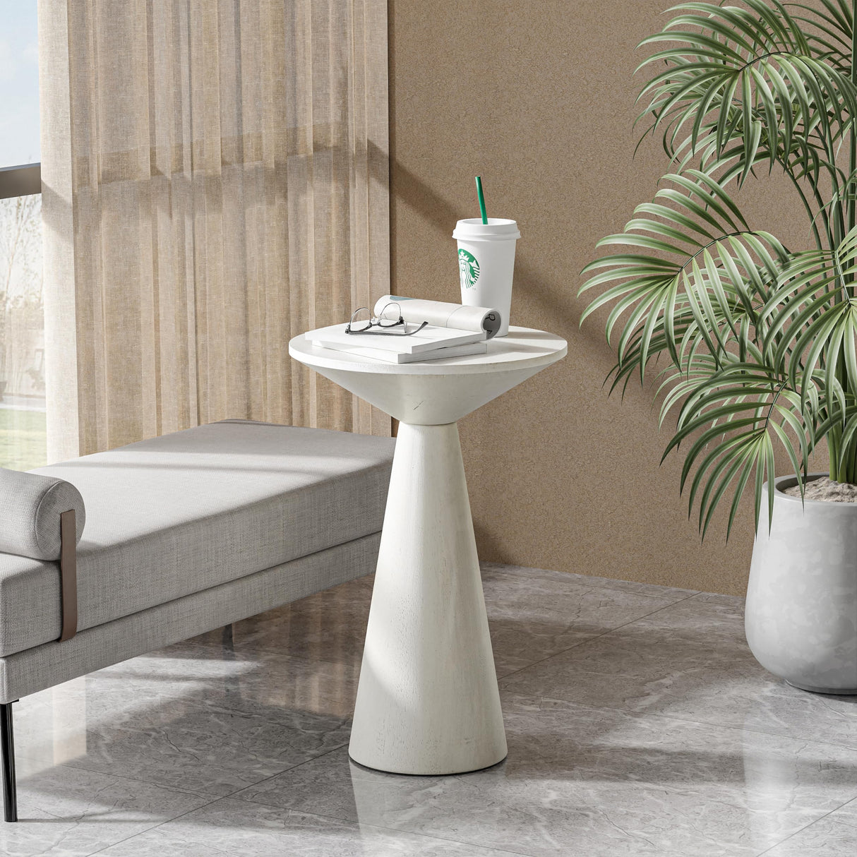 COZAYH Farmhouse Pedestal Small End Table Round Martini Table Wood Plant Stand Rustic Drink Table for Small Space Living Room, Bedroom, White COZAYH