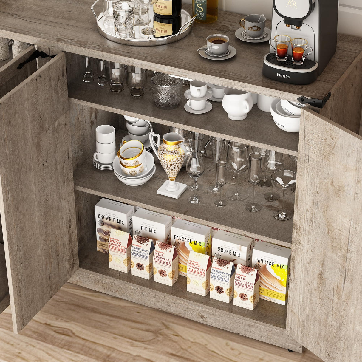 Sideboard Buffet Cabinet with Storage - 65 Inch Farmhouse Kitchen Pantries Sideboard Cabinets with Adjustable Shelves, Wooden Coffee Bar Cabinet Buffet Table for Kitchen, Dining Room, Oak chartustriable