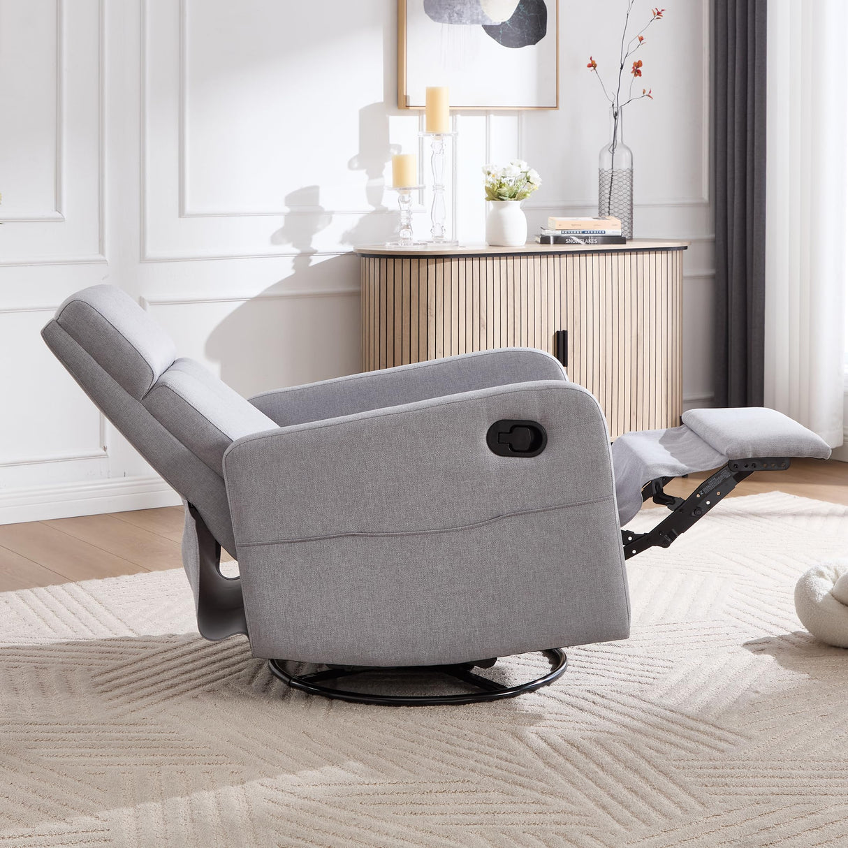 Ketaiyou Swivel Rocking Recliner Chair for Adults, Rocker Nursery Glider Chair for Living Room Bedroom, Upholstered Fabric Reclining Single Sofa Chair(Light Grey) Ketaiyou