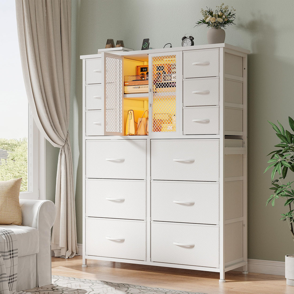 EnHomee Tall Dresser for Bedroom with 12 Drawer Dressers & Chests of Drawers for Closet with Power Outlets & LED Lights Sturdy White Dresser with PU Finish Wooden Top and Metal Frame Mesh Door EnHomee