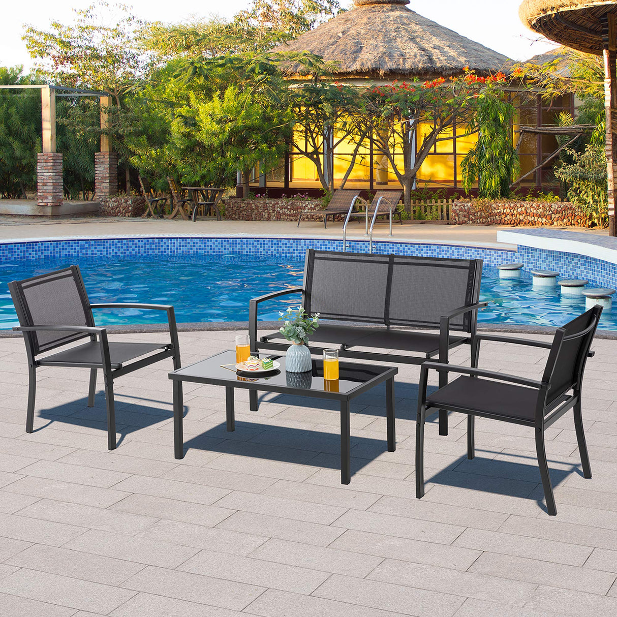Vongrasig 4 Pieces Patio Furniture Sets,Outdoor Patio Conversation Sets with Glass Coffee Table, Small Porch Balcony Furniture, Patio Table and Chairs Set for Garden, Backyard (Black) Vongrasig