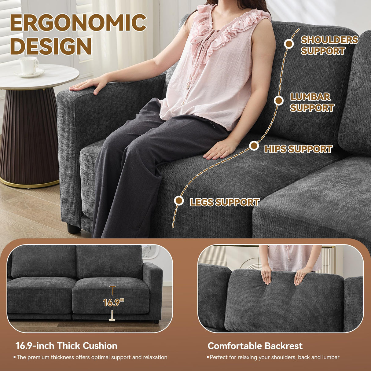 CACFTII 143.8" Modular Sectional Sofa Modern Chenille U-Shaped Couch with Thickened Seat Cushions, Easy Assembly, Upholstered 6 Seater Couch with 2 Movable Ottomans for Living Room, Grey CACFTII