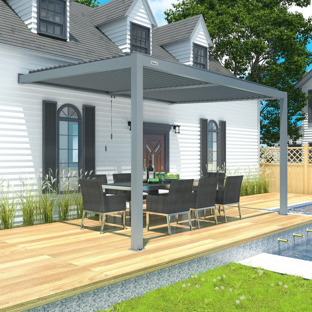 PATISOL Louvered Pergola Against The Wall Outdoor Patio 13'x10' Full Aluminum Pergola Wall Mounted Attached Adjustable Roof Hardtop Rainproof Gazebo for Deck Garden Yard Beach (Grey) Patisol