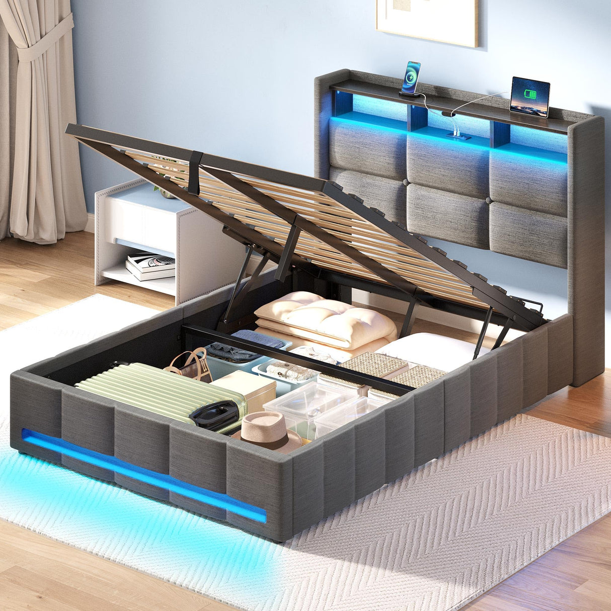 Rolanstar Bed Frame Twin Size with Lift Up Storage, Charging Station & LED Lights, Upholstered Storage Headboard, Heavy Duty Wooden Slats, No Box Spring Needed, Noise Free, Easy Assembly, Dark Grey Rolanstar