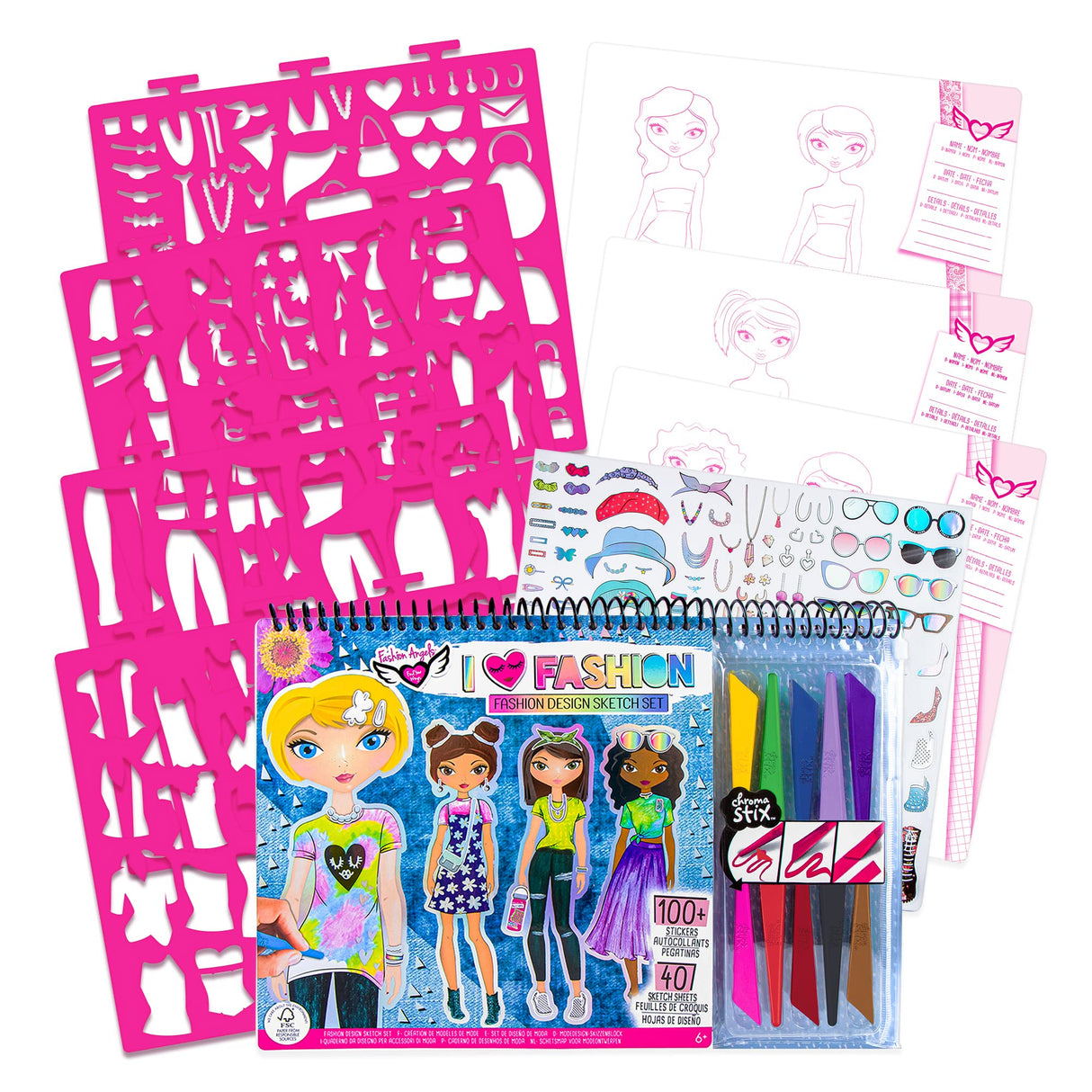 Fashion Angels Fashion Design Sketch Portfolio Artist Set With Crayons 11702, Clothing Design Sketch Pad for Beginners, For Kids 6 and Up Fashion Angels