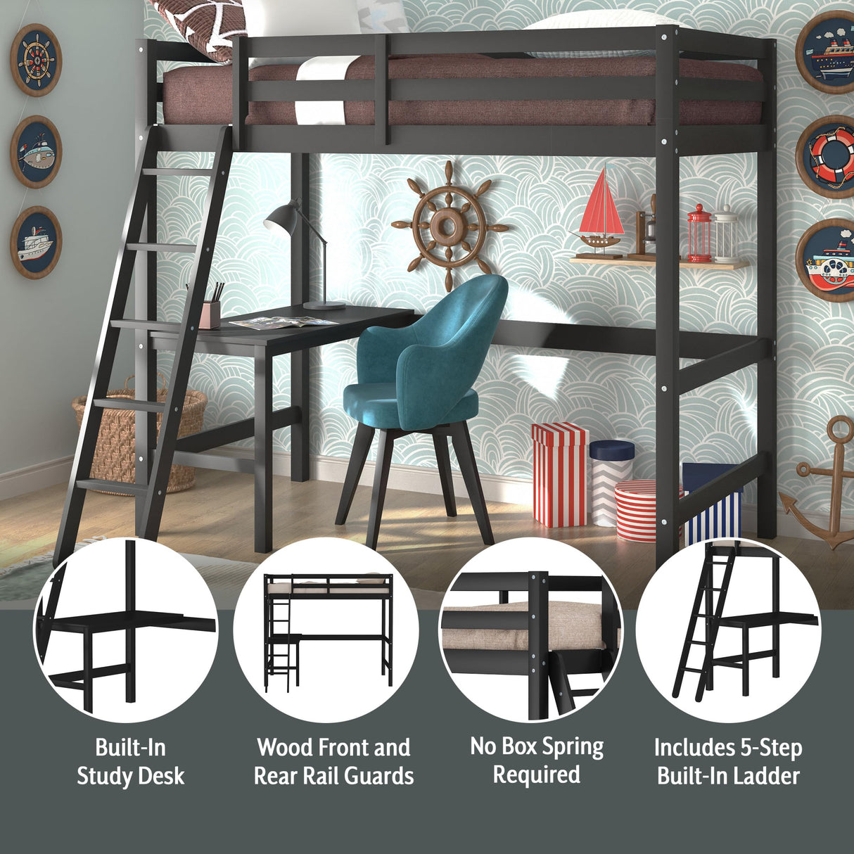 Hillsdale Caspian Black Solid Wood Twin Loft Bed with Built-In Desk for Kids Hillsdale