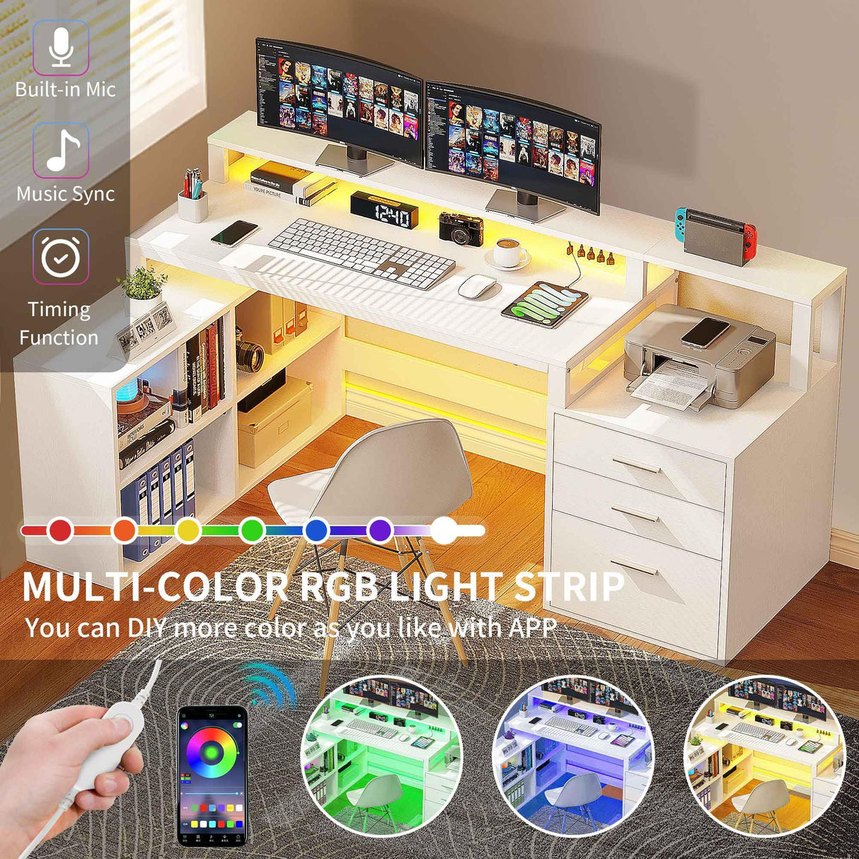 YITAHOME L Shaped Desk with 3 Drawers, 65" Corner Computer Desk with Power Outlets & LED Lights, L-Shaped Desk with File Cabinet & Printer Stand for Home Office, White YITAHOME