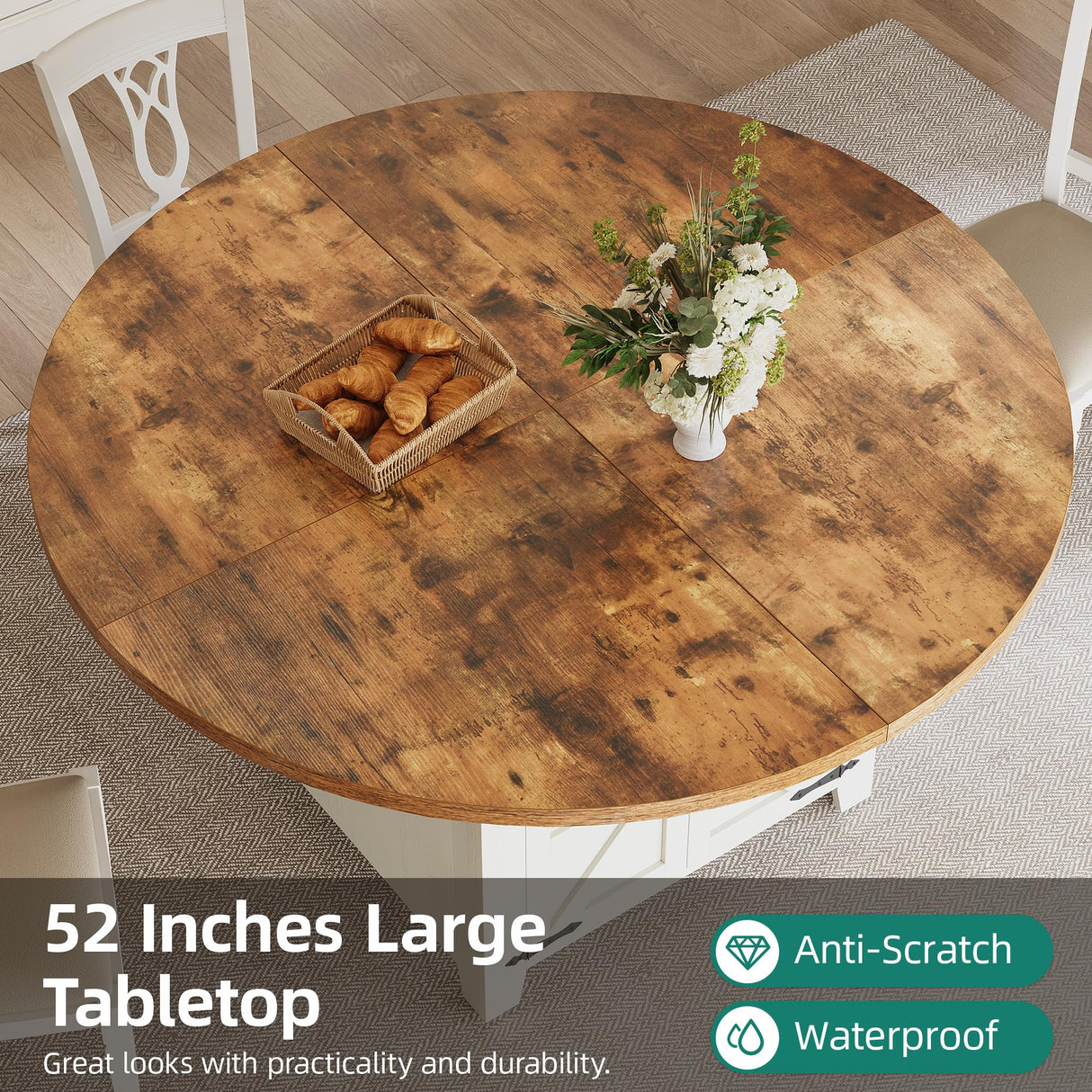 DWVO 55 Inches Round Dining Table for 6-8 People Farmhouse Circle Dining Room Table Large Kitchen Desk with 2 Tier Storage Rack for Kitchen Apartment Resturant, White DWVO