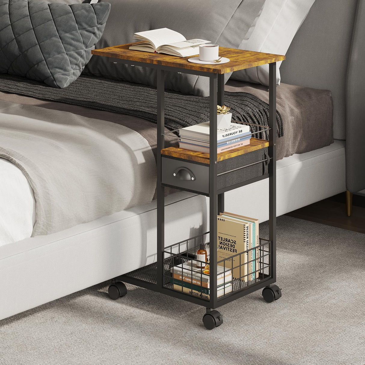 C Shaped Sofa Side Table: Couch End Table with Drawer - Bedside Table with Wheels - 19.7''L x 11.8''W x 28''H - C Mobile Tables with Storage Basket for Living Room Bedroom Sonyabecca