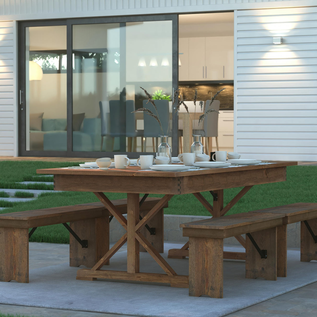 EMMA + OLIVER Elora Folding Farmhouse Dining Room Table with Crisscross Legs, Commercial Grade Rectangular Solid Pine Farm Table for 8, 7' x 40", Antique Rustic EMMA + OLIVER